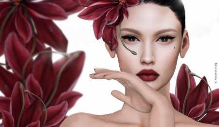 Beauty - girl, pink, frumusete, fantasy, magnolia, hand, red, woman, rendering, face, luminos