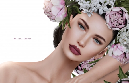 Beauty - girl, lilac, jasmin, flower, pink, frumusete, fantasy, woman, rendering, luminos