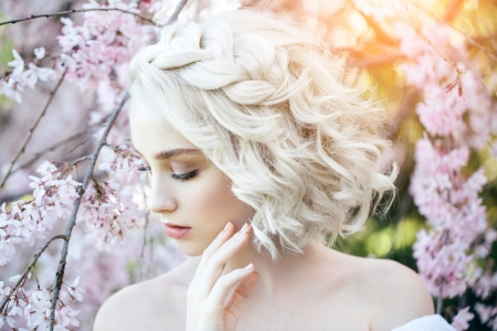 Beauty - woman, girl, braid, hand, model, flower, spring, blonde