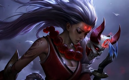 Diana - red, purple, mask, game, girl, luna, fantasy, diana, moon, league of legends, luminos