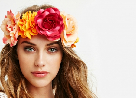 Beauty - yellow, girl, flower, wreath, red, woman, model, rose, face