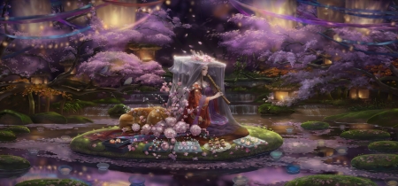 Spring song - flute, girl, instrument, purple, pink, luminos, litingting915, anime, tree, manga, flower