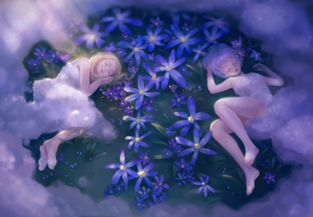 Sleeping girls - anime, blue, girl, litingting915, flower, manga, sleep, purple, cute, couple, luminos