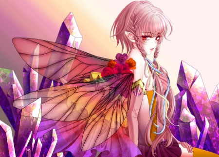 Fairy - braid, girl, wings, fantasy, purple, pink, yuh, anime, orange, fairy, flower, manga