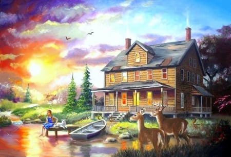 House Boy Fishing - summer, attractions in dreams, paintings, fishing, boat, architecture, boy, deer, lakes, love four seasons, houses