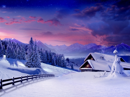 Houses Near The Mountains - sky, houses, landscape, trees, winter, mountains, nature, clouds, snow