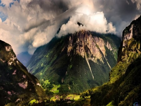 Mountain Storm - storm, trees, nature, forest, houses, mountain