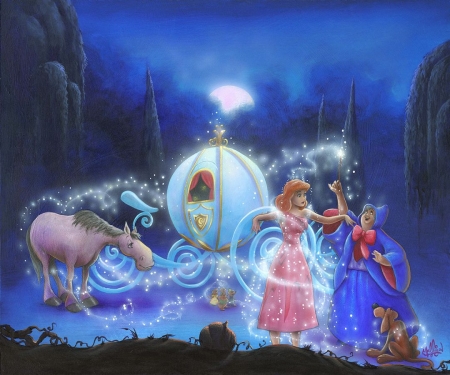 Cinderella - princess, girl, fantasy, painting, art, pink, cinderella, luminos, blue, pictura, disney