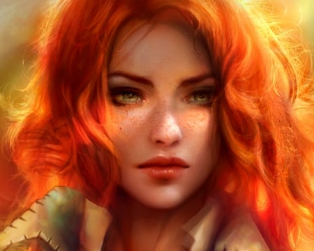 Tris Merigold - game, portrait, girl, enshanlee, orange, triss merigold, frumusete, fantasy, redhead, freckles, the witcher, face, luminos