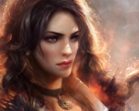 Yennefer - face, portrait, the witcher, game, girl, frumusete, yennefer, fantasy, enshanlee, orange, luminos