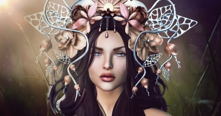 Beauty - woman, rendering, girl, frumusete, fantasy, cg, face, luminos, pink, flower