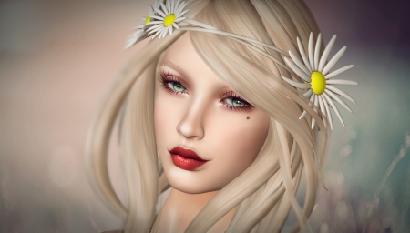 Beauty - woman, rendering, girl, frumusete, daisy, fantasy, face, luminos, flower, blonde