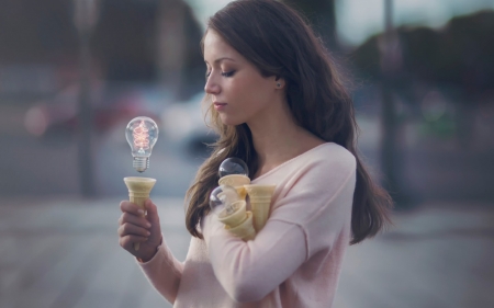 Imagination - ice cream, woman, girl, light bulb, funny, fantasy, creative