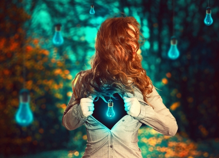 Feeling blue - fantasy, redhead, blue, woman, girl, situation, light bulb, creative