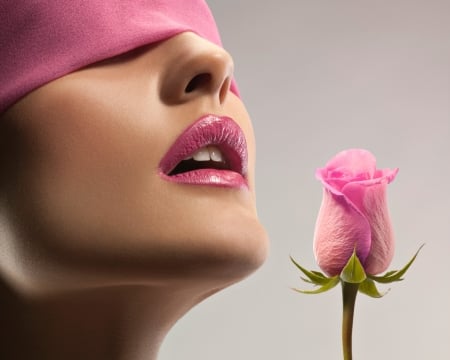 Pink - trandafir, mouth, woman, face, lips, pink, bud, rose