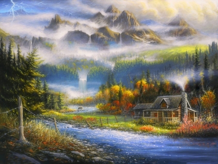 Paradise Valley - attractions in dreams, summer, waterfalls, mountains, cabins, nature, love four seasons, paintings, rivers, landscapes