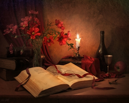 Still Life - candle, flowers, still life, book