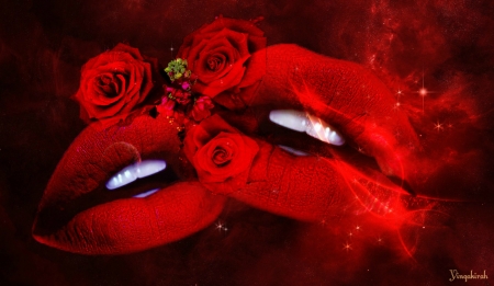 Red Lips - lips, red, roses, abstract