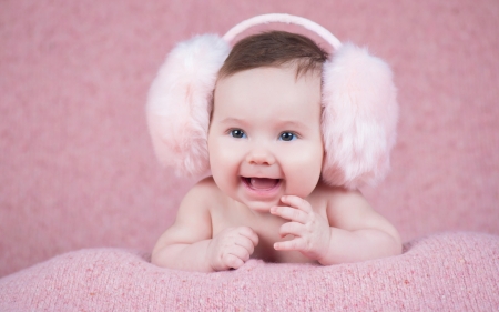 Cute baby girl - girl, child, copil, baby, pink, headphones, sweet, smile, cute, little, happy