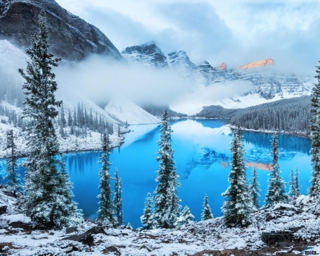 Blue Lake in Winter - clouds, trees, winter, Nature, spruce, snow, lake, mountain