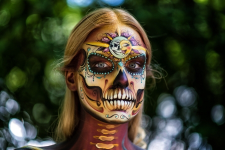 Dia de los muertos - skull, halloween, woman, face, bokeh, girl, dia de los muertos, makeup