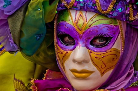 Venice Carnival - woman, mask, girl, venice, face, purple, yellow, carnival, green