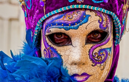 Venice Carnival - blue, girl, feather, purple, mask, venice, woman, face, carnival