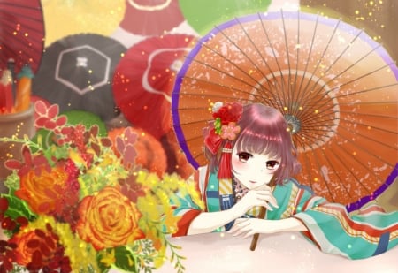 Umbrellas - anime, girl, tagme, flower, orange, manga, umbrella, red, rose, cute