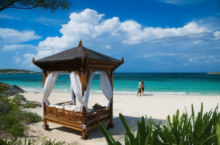 Musha Cay and the Islands of Copperfield Bay, Bahamas - clouds, summer, gazebo, plants, sea, sky