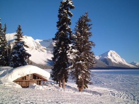 Kakwa Lake Cabin, British Columbia - sky, mountains, winter, canada, trees, snow