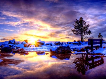 Lake in Reflection - clouds, trees, stone, snow, reflection, sunset, nature, bench, lake