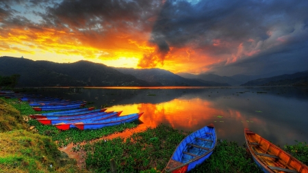 Peaceful Lake - clouds, landscape, grass, reflection, boats, sunset, nature, lake, mountains, peaceful