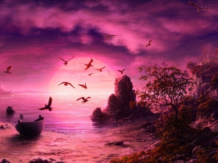 Purple Sunset - clouds, pretty, birds, boat, pink, graphics, nature, purple, rocks