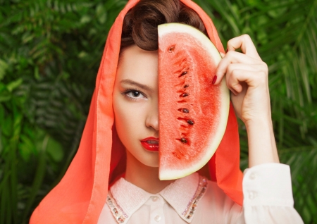 Beauty - woman, watermelon, vara, girl, summer, eye, scarf, fruit, model, face, red, green