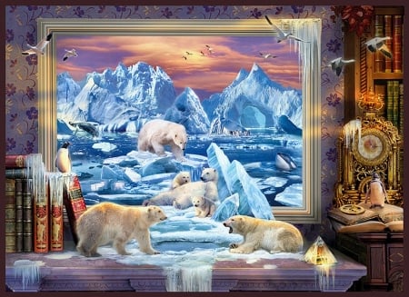 Arctic Bears - room, water, wall, artwork, ice, painting, polar bears