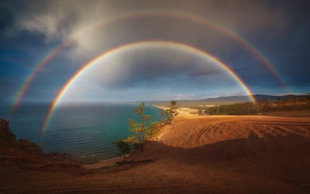 Double Rainbow - colors, beach, sunlight, sea