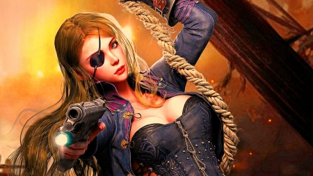 Pirate girl - game, gun, girl, orange, black, fantasy, woman, pirate, luminos