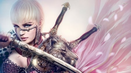 Warrior girl - ruoxin zhang, girl, sword, beauty, pink, armor, frumusete, woman, face, lion, asian, luminos