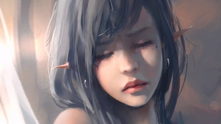 Elf girl - wlop, portrait, girl, elf, fantasy, grey, face, art, luminos