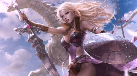 Fantasy girl - girl, luminos, pink, dragon, sword, fantasy, blonde