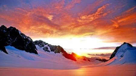 Winter Sunset - nature, clouds, snow, winter, sunset, mountains