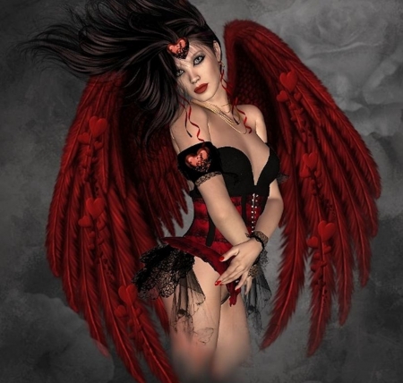 VALENTINE ANGEL - female, angel, red, wings, valentine, black