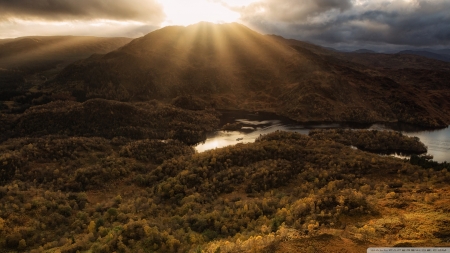 Autumn Forest Mountain Scene, Panoramic - nature, autumn, forests, united kingdom, scotland, trossachs national park