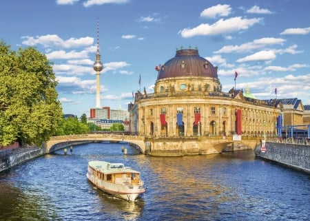 Berlin Museums - river, bridges, germany, trees, TV Tower, ship, city, building