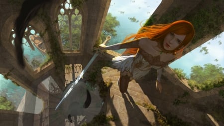 Fantasy girl - fantasy, redhead, view from the top, girl, sword, art, luminos