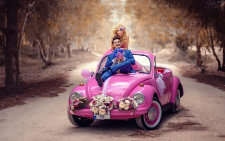 Happy couple - groom, bride, people, car, couple, pink, happy