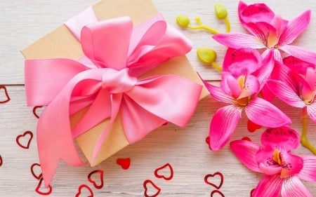 Happy Valentine's Day! - valentine, gift, orchid, bow, card, flower, pink