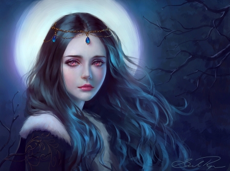 Fantasy princess - moon, woman, lady, magical, darkness, fantasy, forest, beautiful, enchanted, brunette