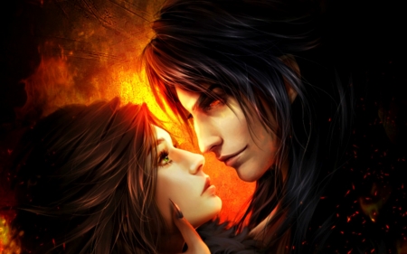 Passion - couple, girl, howl, black, sophie, fantasy, fire, moving castle, man, luminos, anime, orange, tira-owl, manga