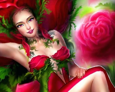 Rose - girl, kioryalion, flower, pink, fantasy, green, rose, art, luminos